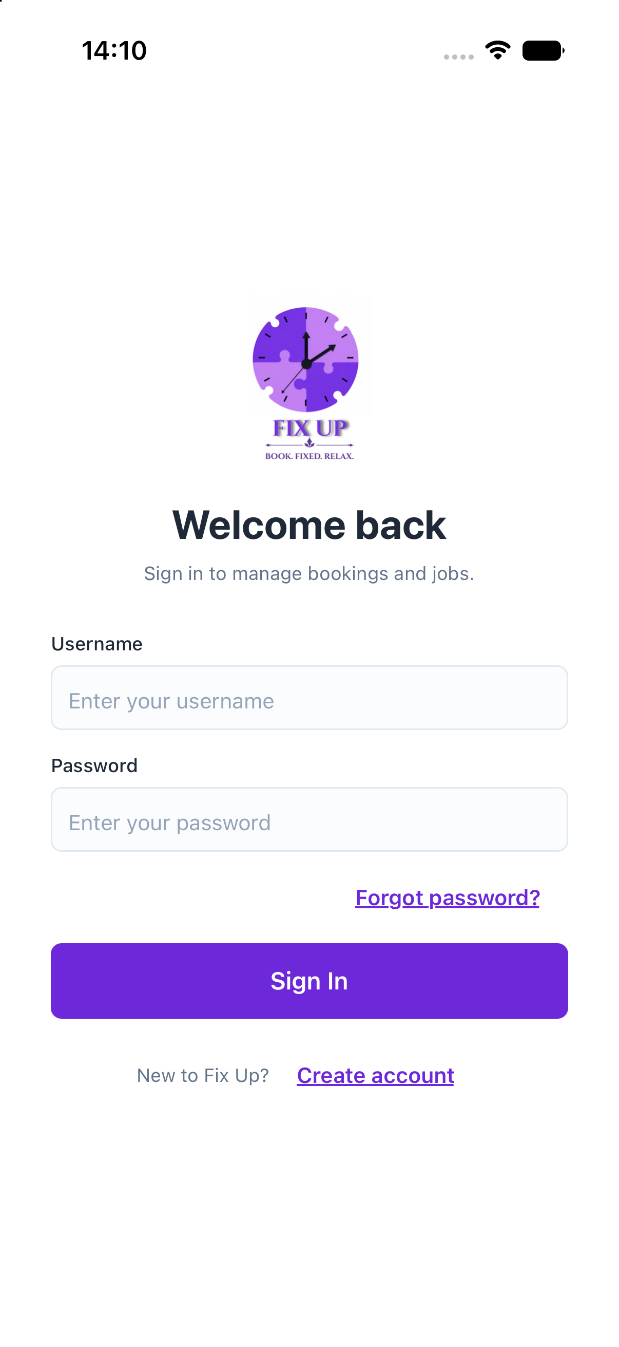 FIX UP sign-in screen