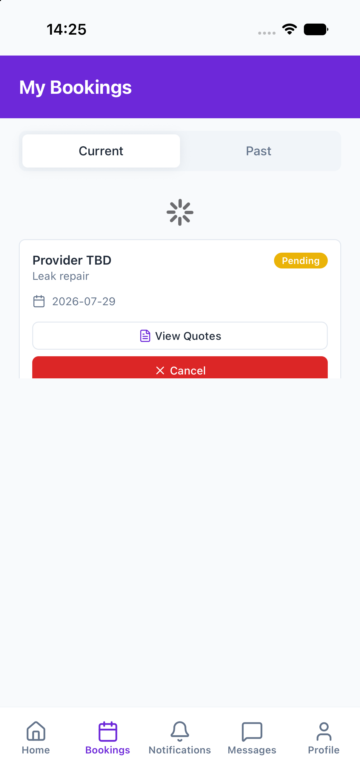 Bookings list with statuses