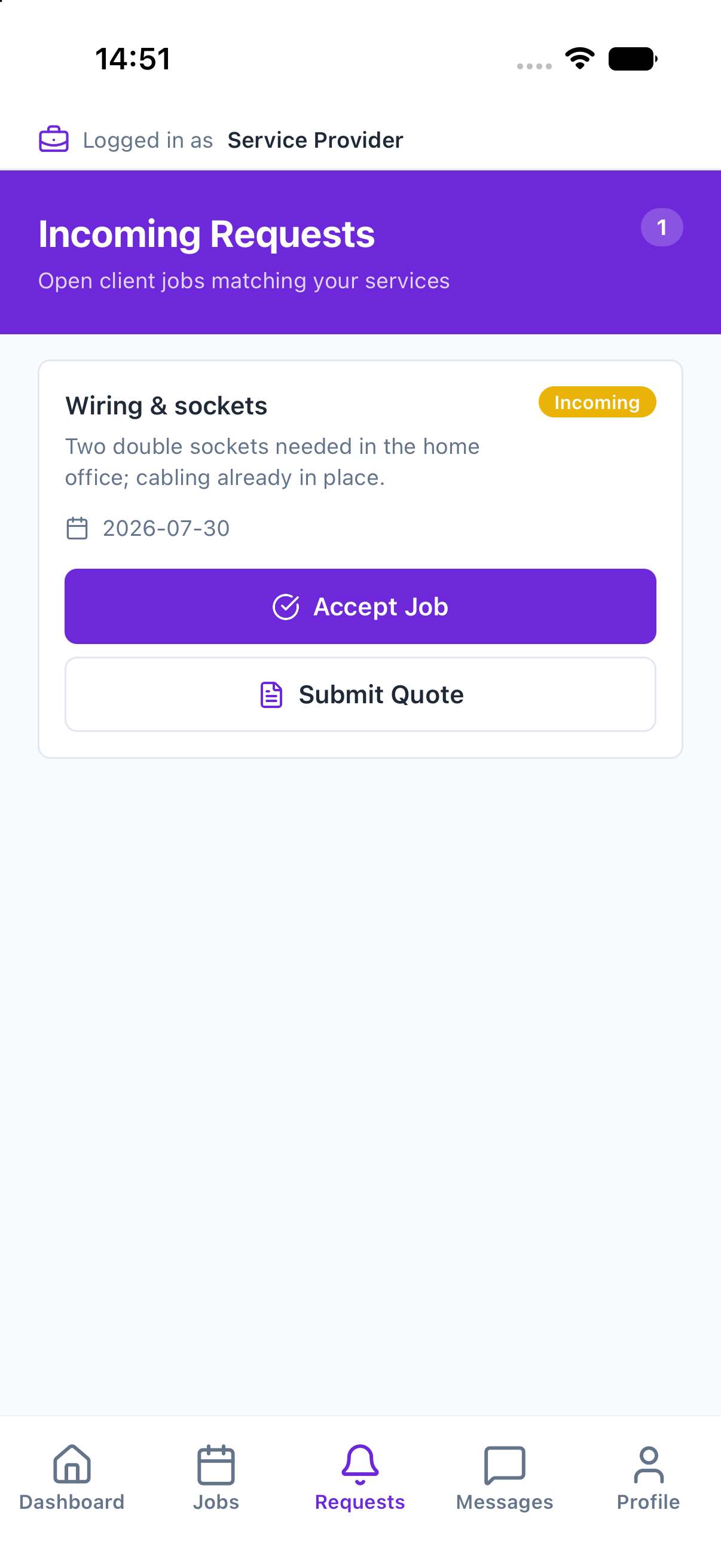 Incoming job requests list
