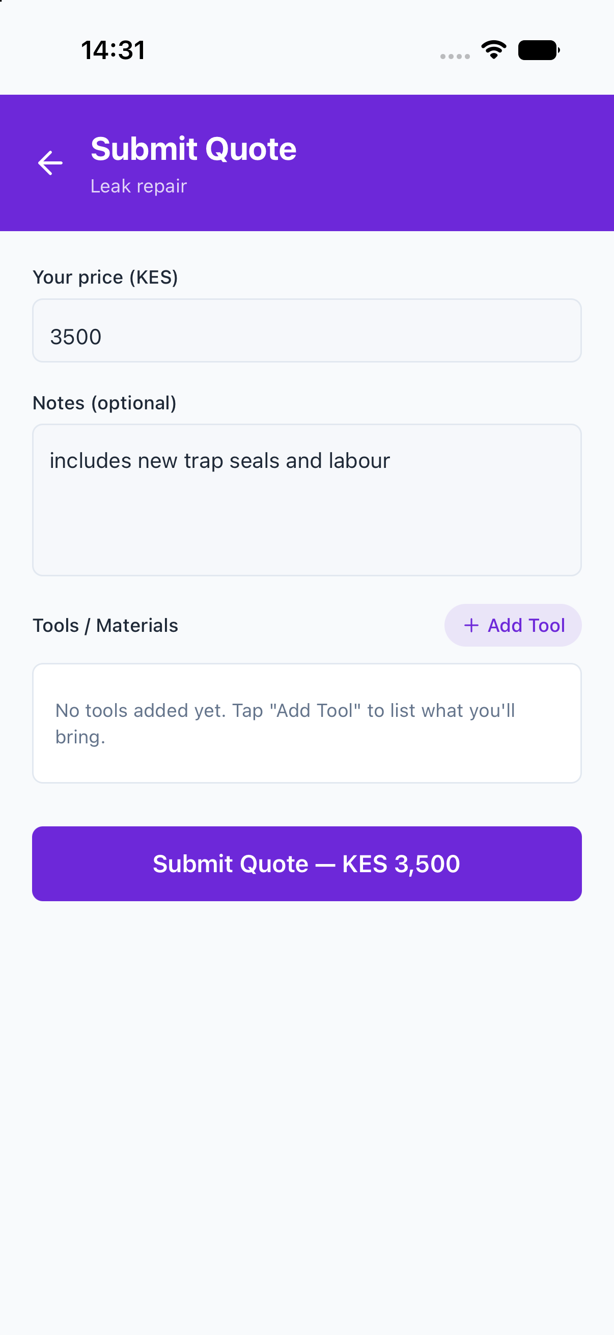 Quote submission screen