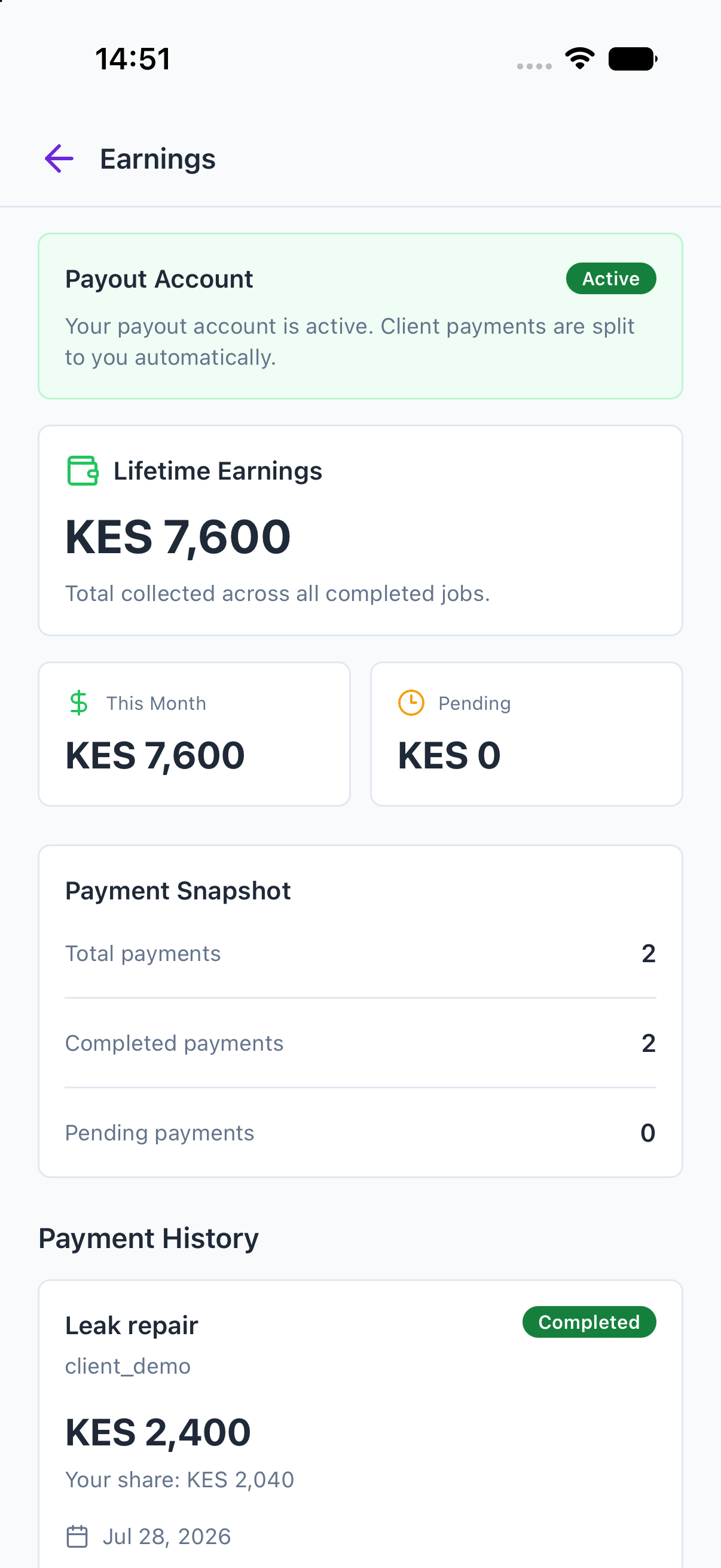 Provider earnings screen