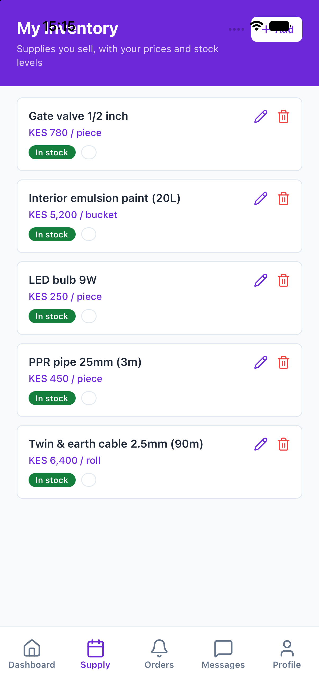 Supplier inventory with prices and stock